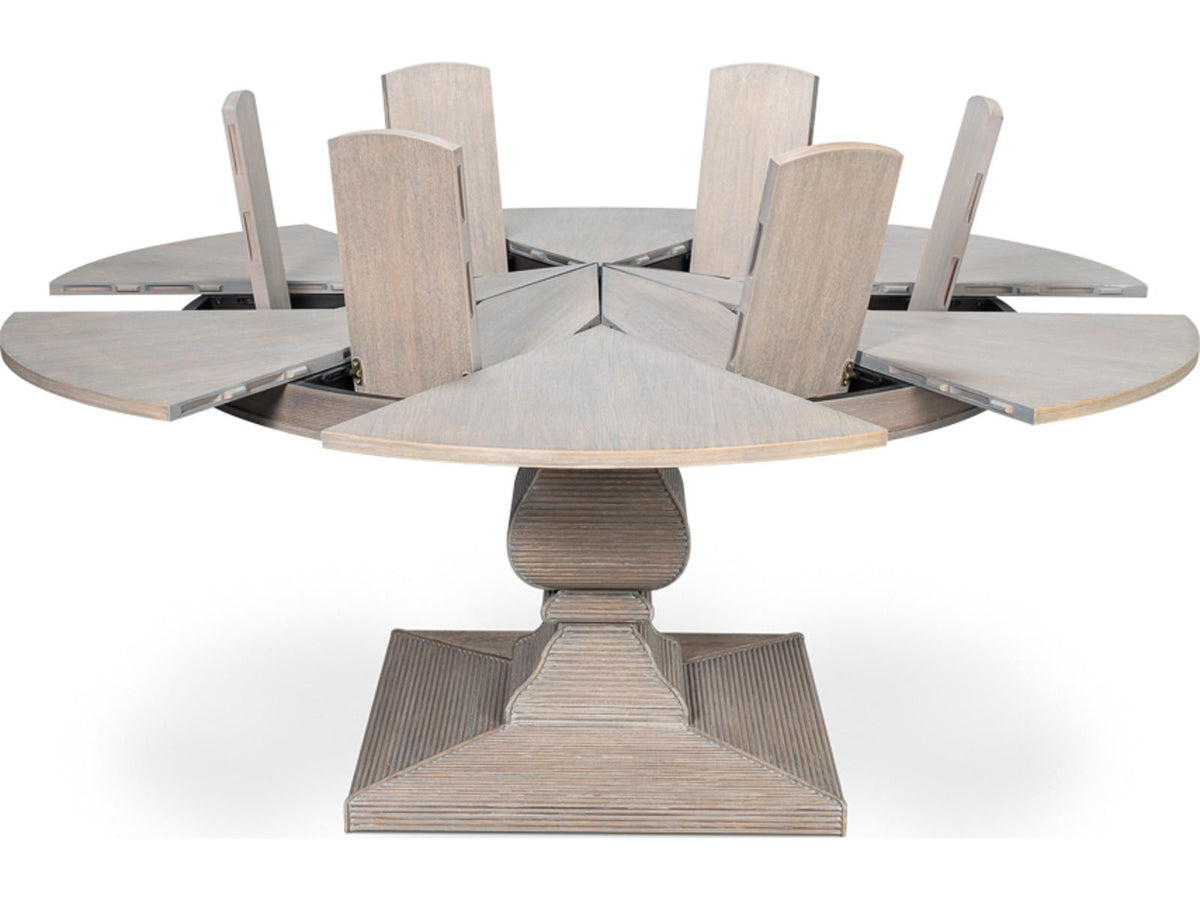 Kelso 66 Inch Round to 84 Inch Jupe Extension Dining Table in Moonskin
