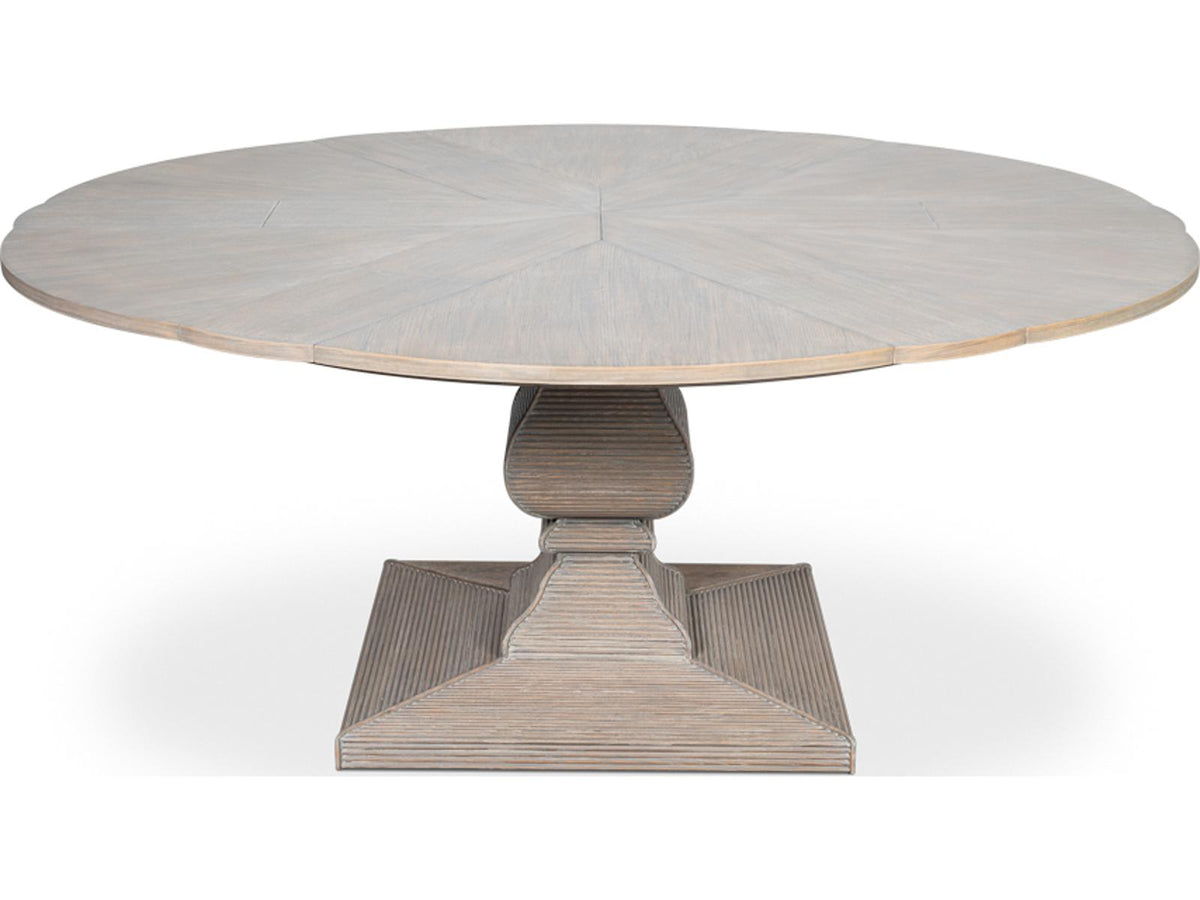 Kelso 66 Inch Round to 84 Inch Jupe Extension Dining Table in Moonskin