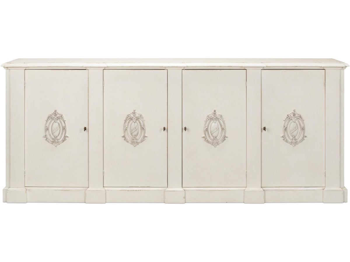 Crested Solid Pine Wall Cabinet with White Finish and Decorative Emblems