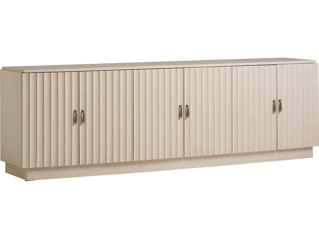 Cascades 96 Inch Oak Wood Media Console in Linen White with Brushed Nickel Hardware