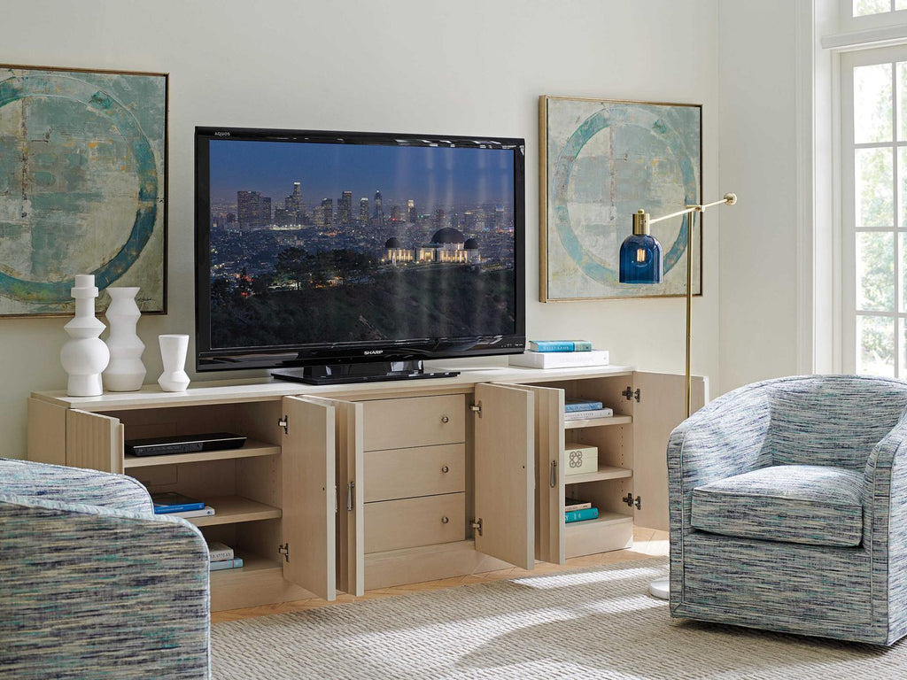 Cascades 96 Inch Oak Wood Media Console in Linen White with Brushed Nickel Hardware