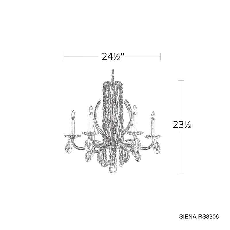 Siena 6 Light 24.5in x 23.5in Chandelier with Crystal Tusks in Polished Stainless Steel with Clear Radiance Crystals