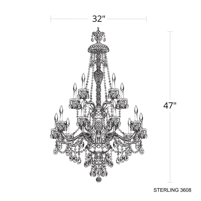 Sterling 15 Light 32in x 47in Two-Tier Chandelier in Silver with Clear Heritage Handcut Crystals