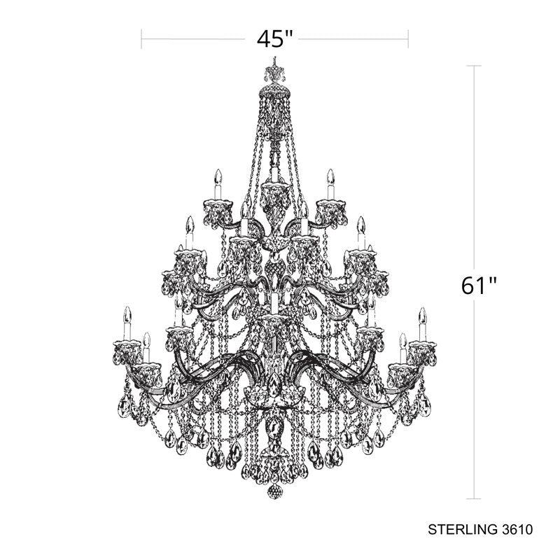 Sterling 25 Light 45in x 61in Three-Tier Chandelier in Gold with Clear Heritage Handcut Crystals