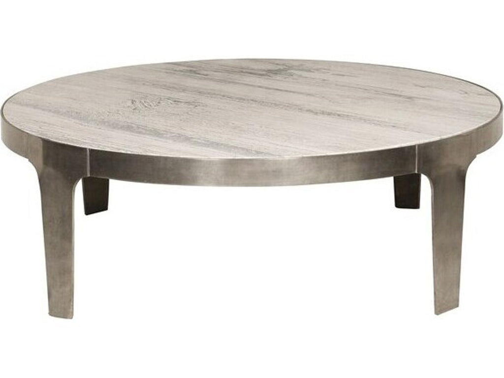 Noa Round Coffee Table with Aged Silver Metal Base and Travertine Top