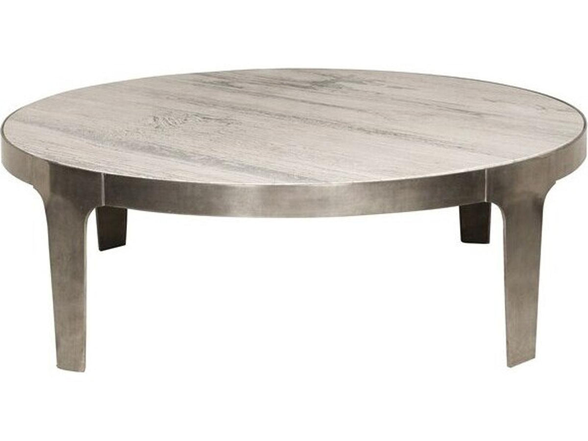Noa Round Coffee Table with Aged Silver Metal Base and Travertine Top