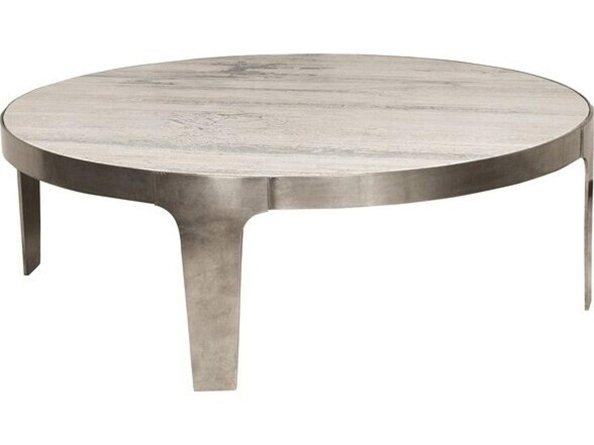 Noa Round Coffee Table with Aged Silver Metal Base and Travertine Top