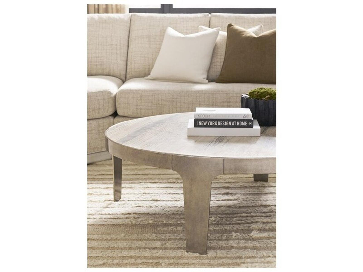 Noa Round Coffee Table with Aged Silver Metal Base and Travertine Top
