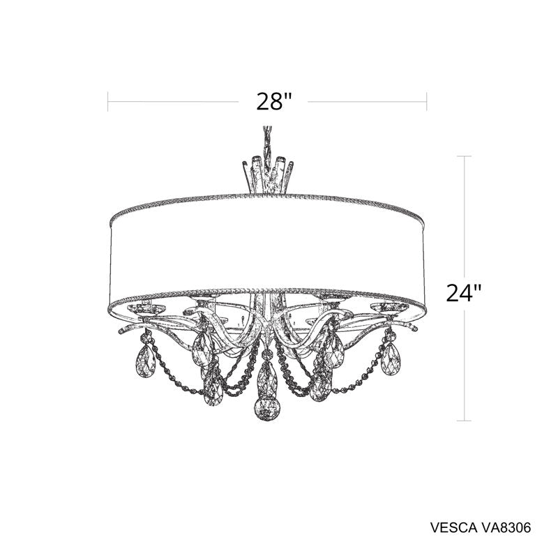 Vesca 6 Light 28in x 24in Chandelier with Gold Drum Shade in Heirloom Bronze with Clear Radiance Crystal
