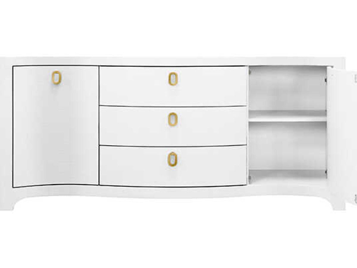 Paulina 2 Door 3 Drawer Textured Linen Buffet in White with Brass Pulls