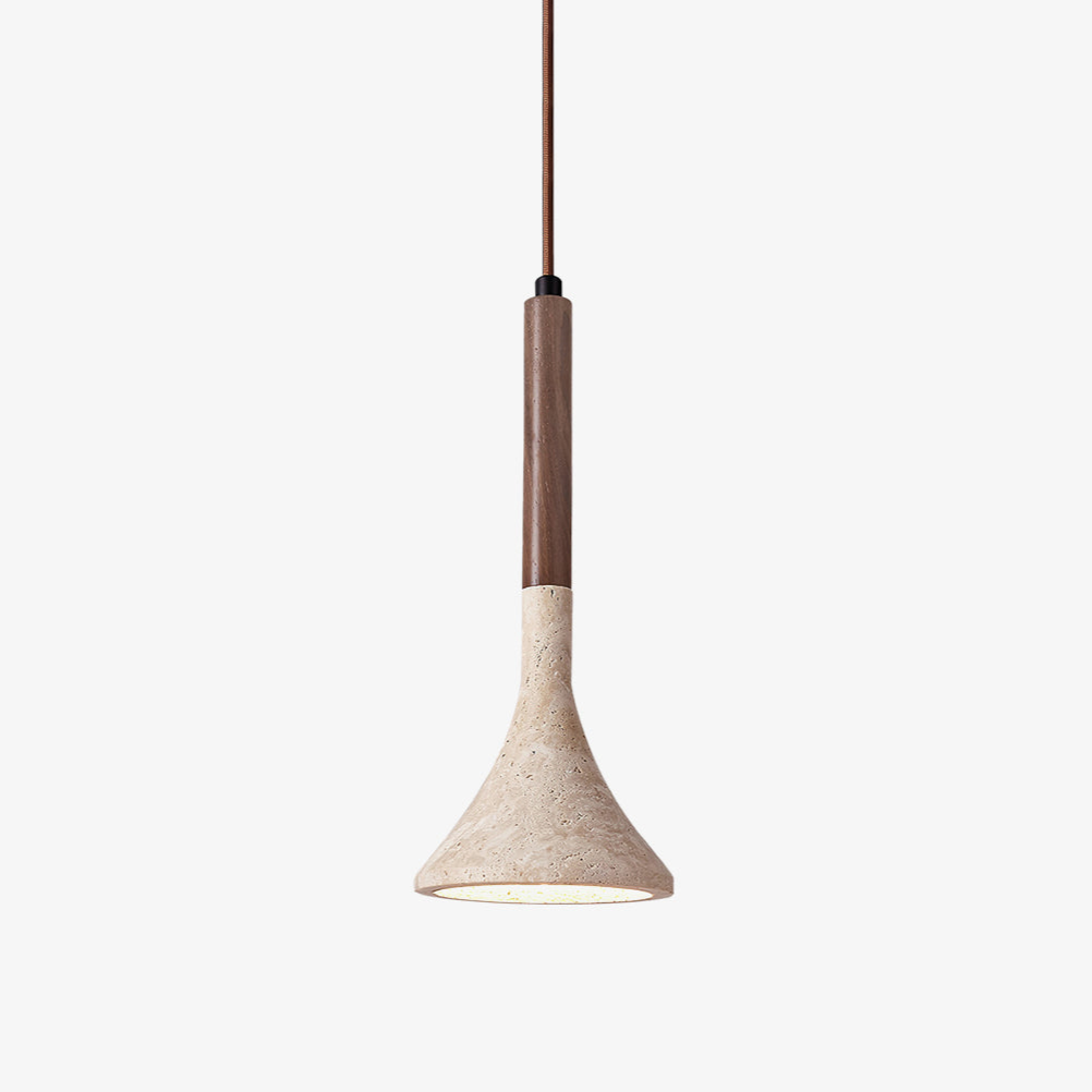 Aplomb Travertine and Wood Pendant / ∅ 5.1″ x H 11.8″ / Wood color & Yellow Travertine
