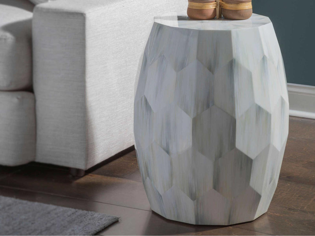 Home Signature Designs Bello Faceted Drum End Table in White Gray Faux Horn