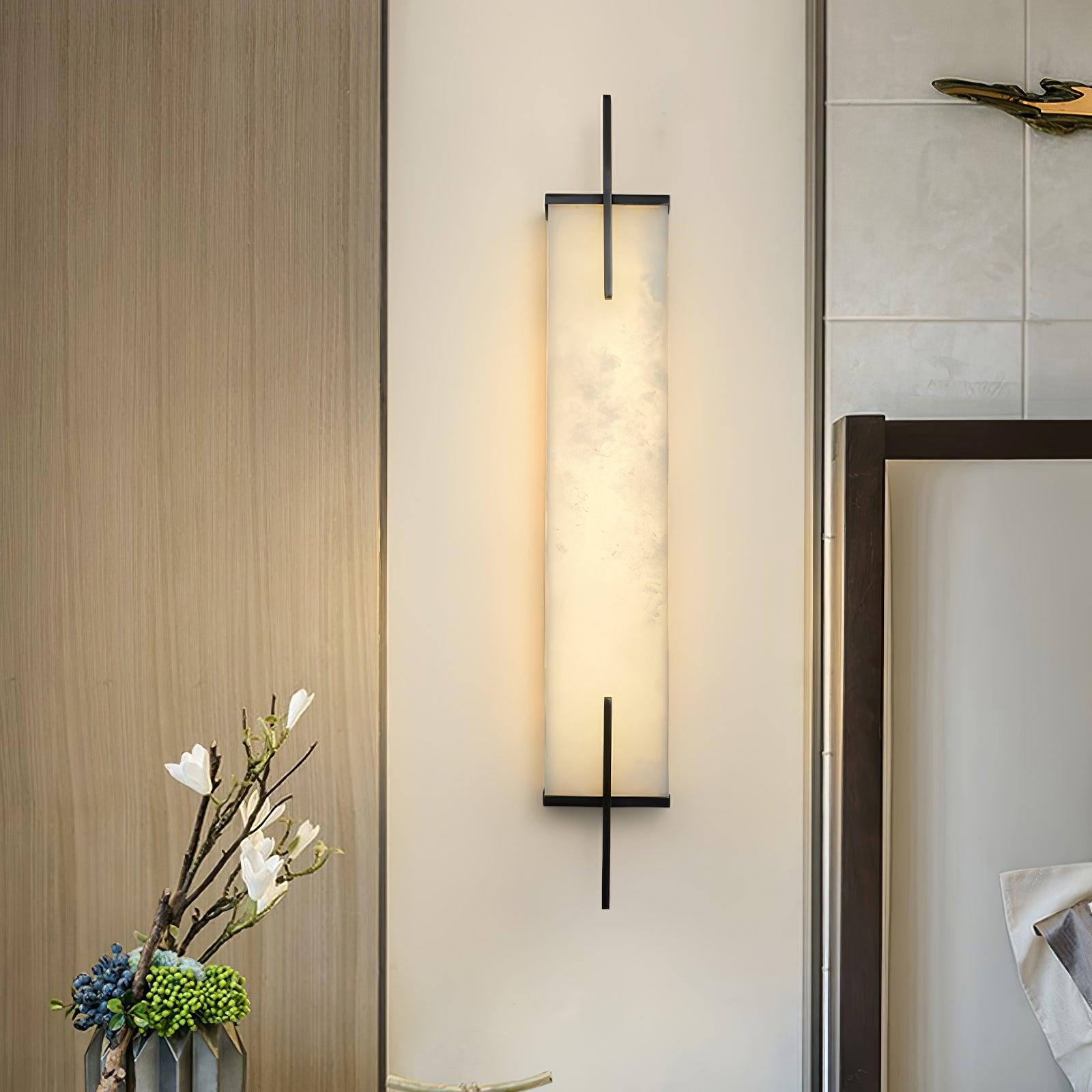 Calliope Tall Alabaster Wall Sconce / ∅ 4.7″ x H 23.6″ Set of 2 / White+Black / Warm Light