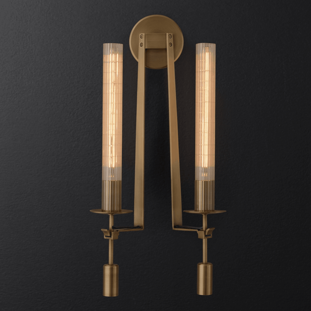 Fontanelle Ribbed Glass Brass Wall Light / Dia 22cm x H 71cm Set of 2 / Brass & Clear glass