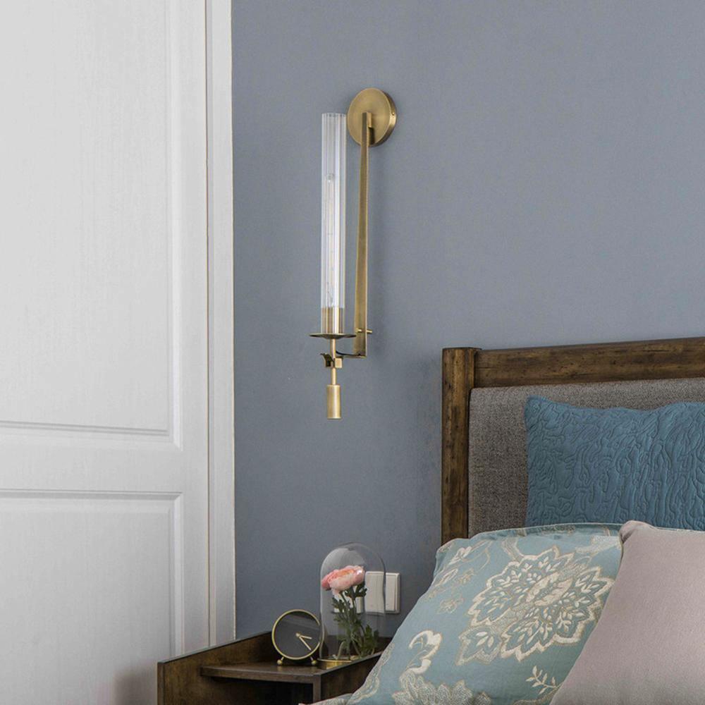 Fontanelle Ribbed Glass Brass Wall Light / Dia 12cm x H 71cm Set of 2 / Black & Clear glass