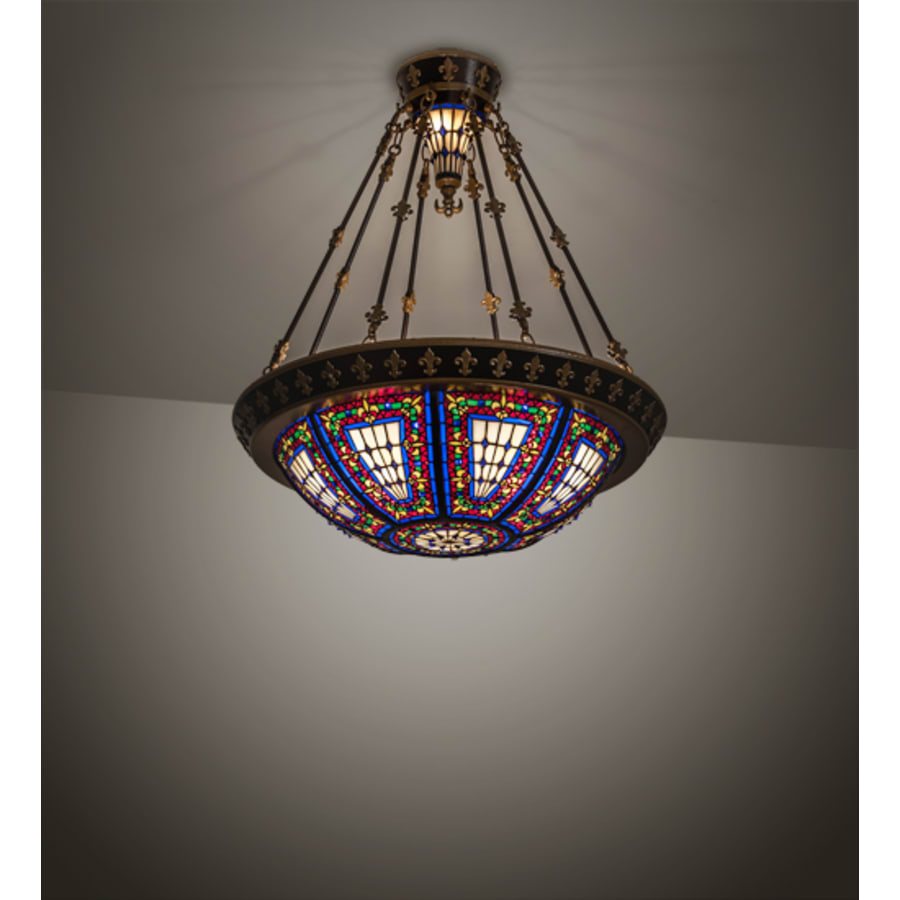 Meyda Tiffany Fleur-de-lis 4 Light 28" Wide Semi-Flush Stained Glass Bowl Ceiling Fixture - Copper Vein Bake / Nu Gold Finish