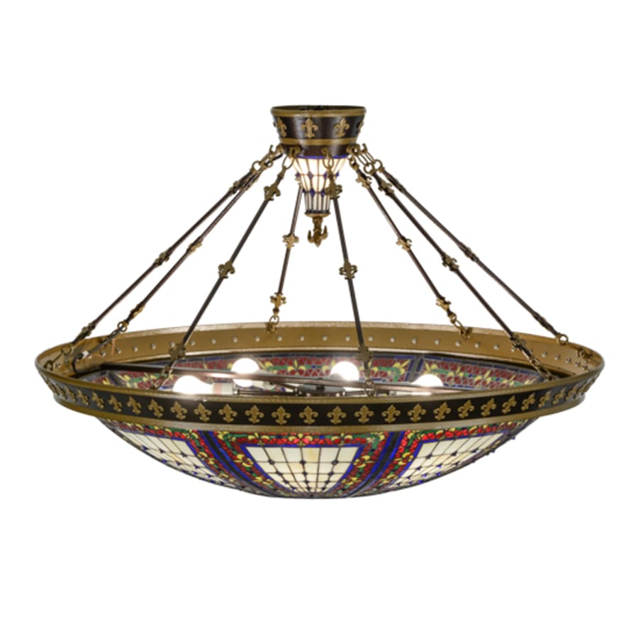 Meyda Tiffany Fleur-de-lis 8 Light 45" Wide Semi-Flush Colorful Stained Glass Bowl Ceiling Fixture - Copper Vein Finish