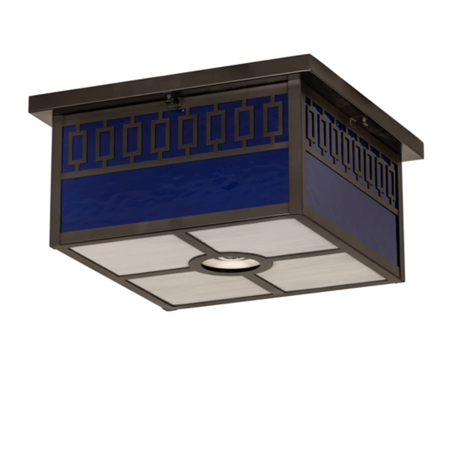 Meyda Tiffany Kungsholm 4 Light 26" Wide Flush Mount Square Ceiling Fixture with Blue Glass Shade - Craftsman Brown Finish