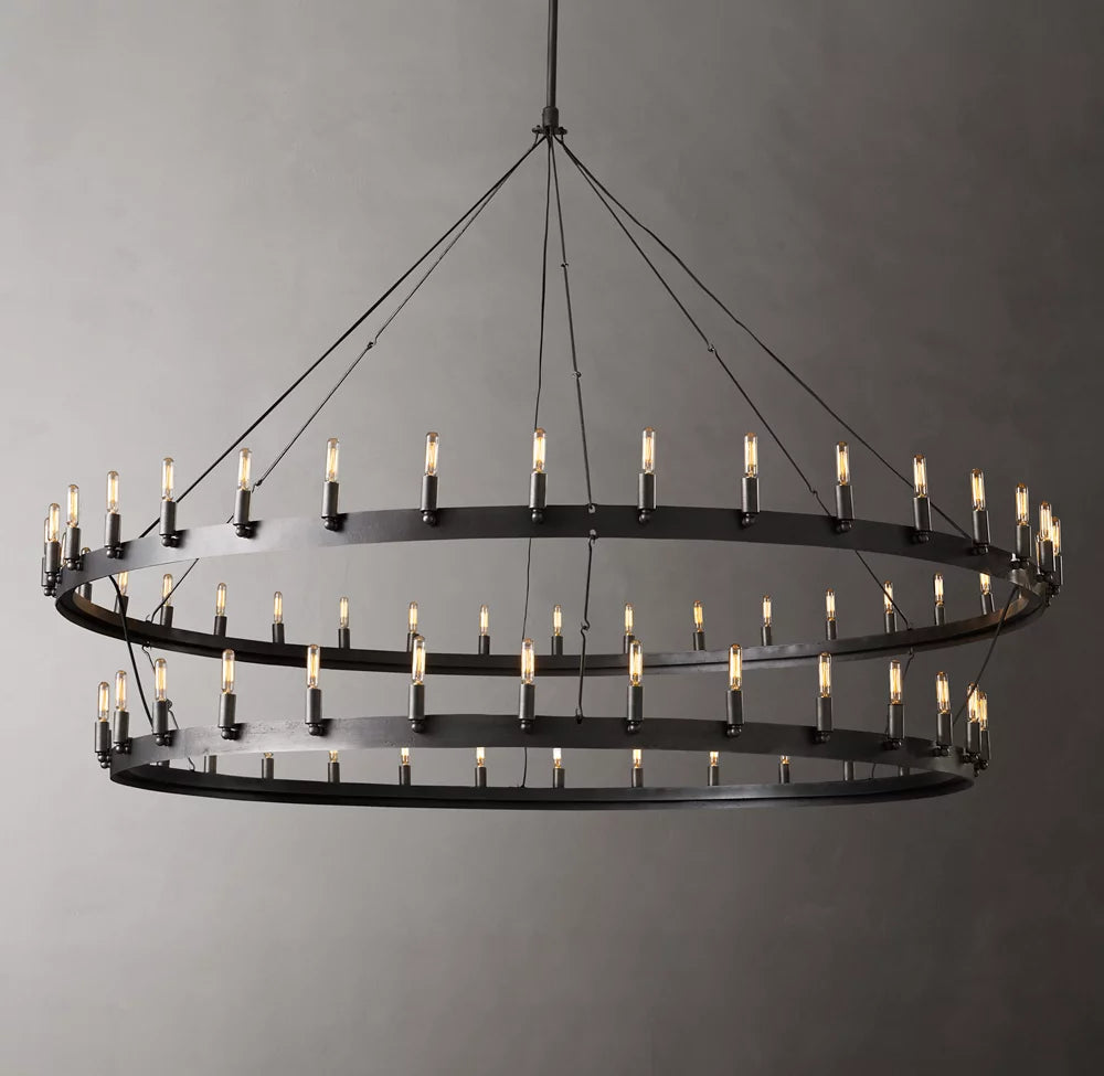 Monumental Forged Filament Twin Halo Chandelier