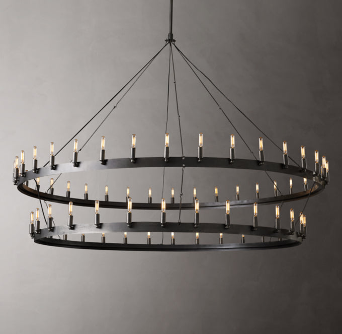 Monumental Forged Filament Twin Halo Chandelier