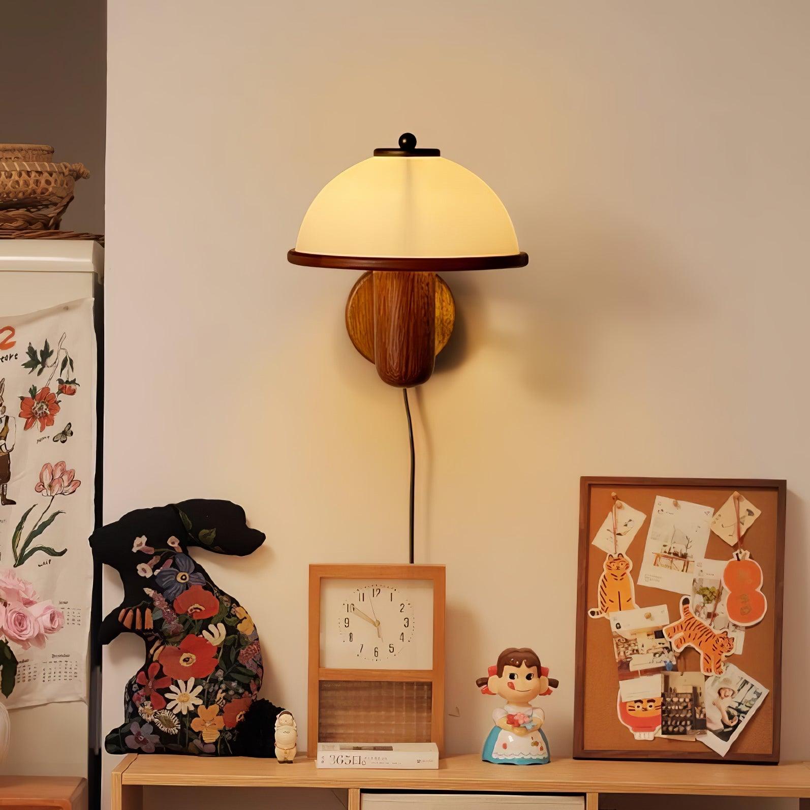 Oak Mushroom Wall Lamp / ∅ 7.9″ x H 11″  /Dia 20cm x H 28cm / Dark Oak Color / EU Plug